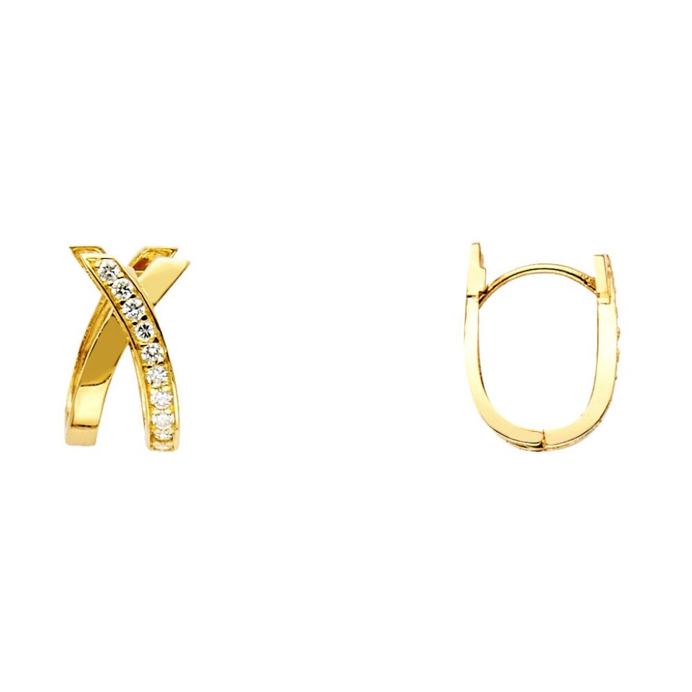 14KT Gold X Design Round CZ U Shape Earrings (8X15mm)